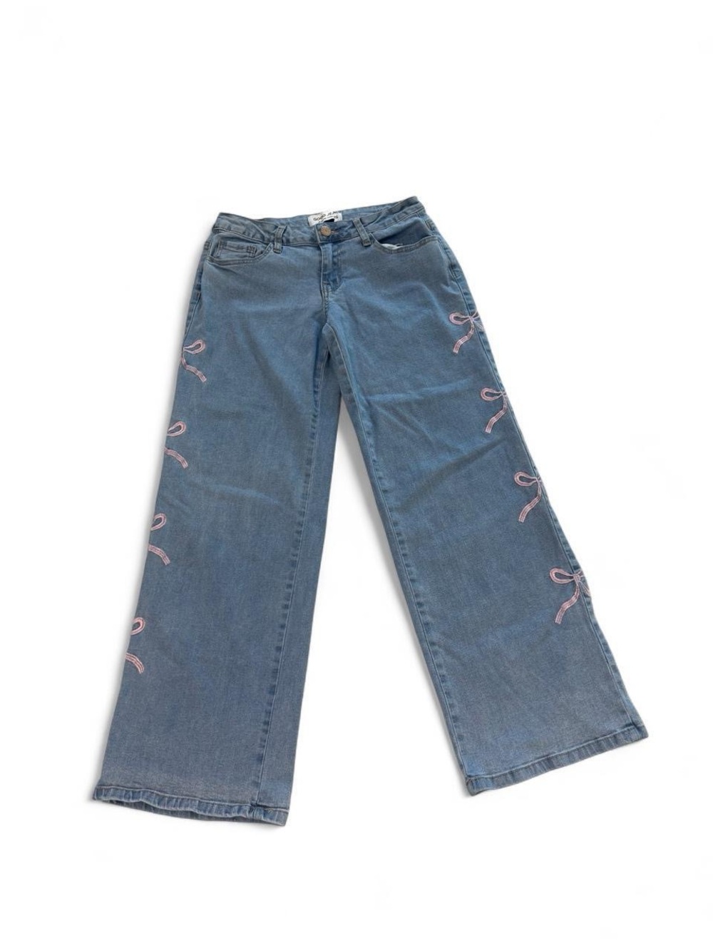 Gogo Jeans Mid-Rise Wide Leg Jeans with Pink Embroidered Bows